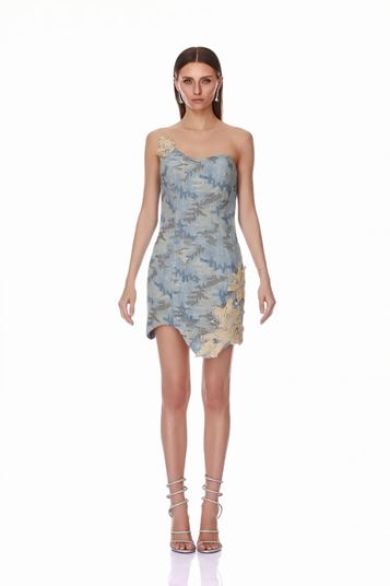 Abito da sera corto blu monospalla con paillettes